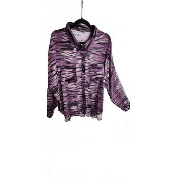 Nasty Gal Size 18 Purple and Black Sheer Button-Up Blouse with Animal Print - Picture 11 of 16